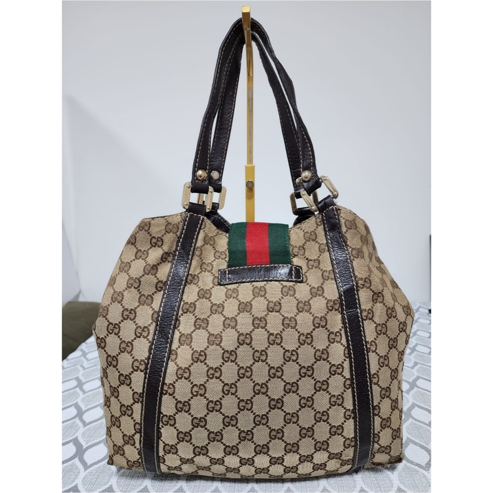 Gucci Beige GG Canvas Tote with Brown Trim and Green-Red Web - Picture 2 of 14